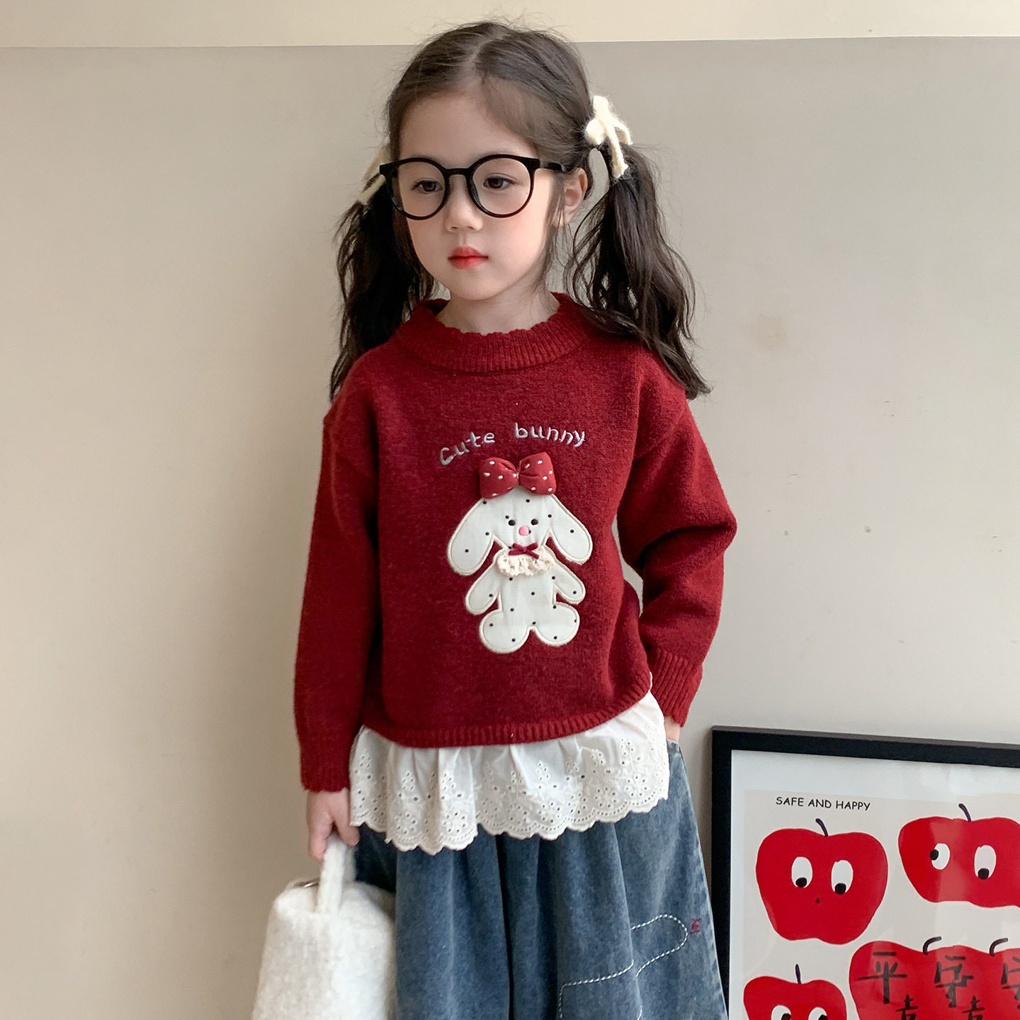 韩版小狗套头毛衣女童月牙花边针织衫拼接款幼儿园宝宝秋冬打底衣