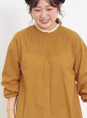 日单外贸原单sm2棉麻圆领小衫森女蕾丝花边领口百褶衬衫