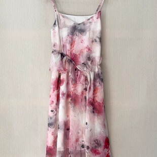 品牌特价 晕染印花荷叶边优雅气质吊带连衣裙 粉墨裙2025年女春夏款