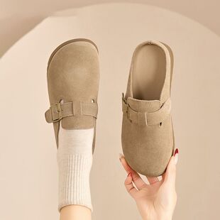 新款厚底拖鞋外穿女软底耐磨防滑皮面孕妇软底鞋勃肯鞋半包穆勒鞋
