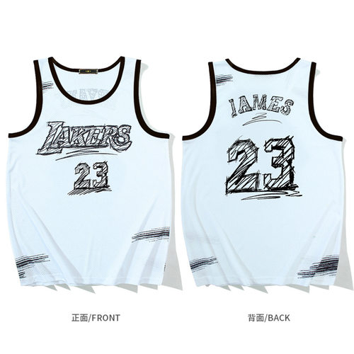 美式速干篮球服LAKERS湖人詹姆斯JAMES球衣素描手绘复古网眼背心