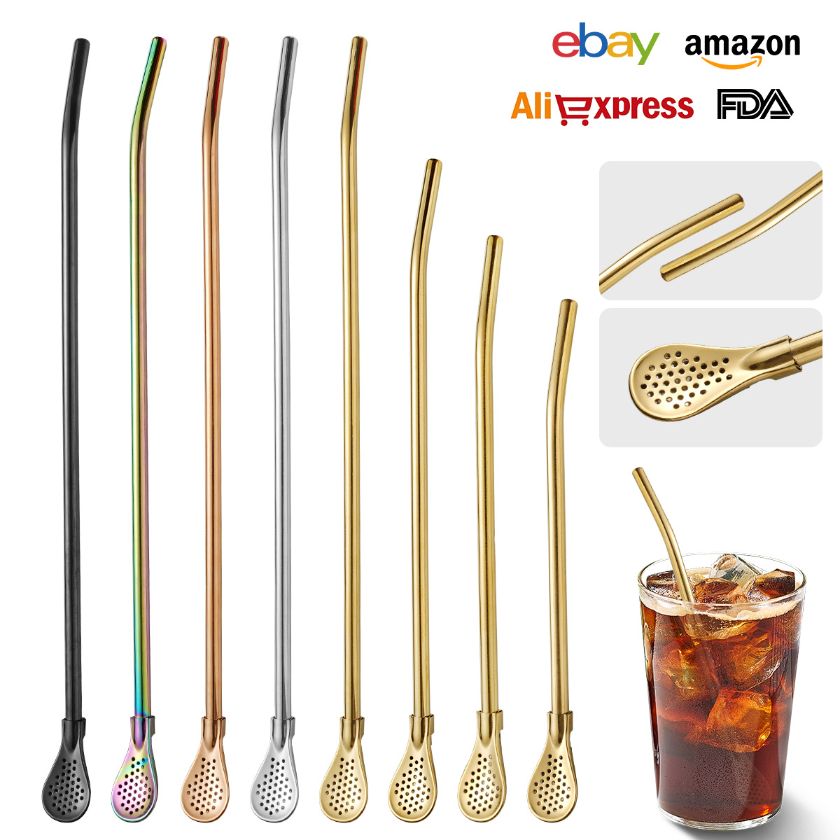 304不锈钢吸管马黛茶可拆卸过滤吸管勺果汁咖啡搅拌吸管滤勺弯管