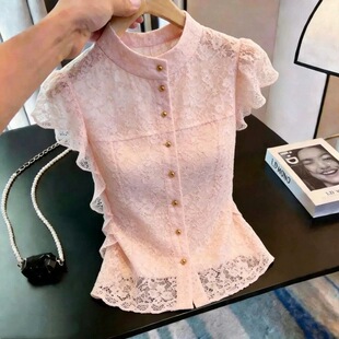 2026新款法式蕾丝钩花镂空小飞袖黑色衬衫女宽松减龄背心上衣