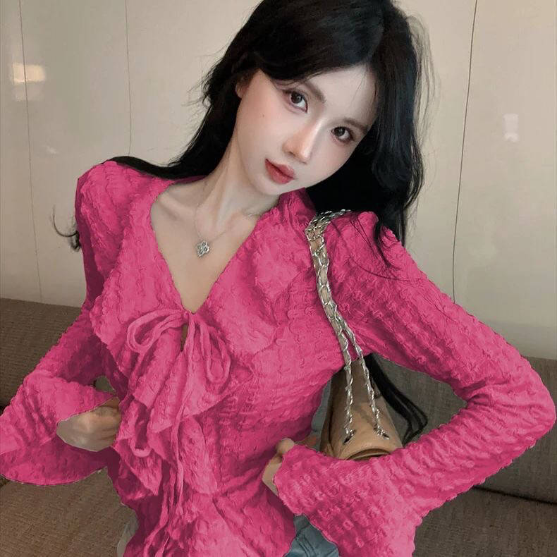 2025法式时尚白色V领荷叶边系带衬衫女高级感钩花衬衣别致上衣