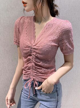 2026新款法式复古蕾丝衫女夏季新款短袖V领性感上衣女小众修身
