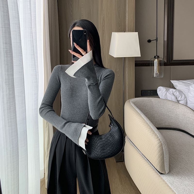 2025新款法式复古气质名媛高级感小众设计感拼接袖口针织衫女上衣