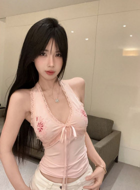 纯欲花卉刺绣甜辣挂脖背心蝴蝶结收腰直筒露背显瘦无袖上衣潮