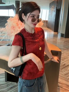 2026新款新中式国风复古盘扣显白红色短袖上衣女夏季外穿修身显瘦