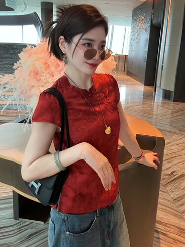 2026新款新中式国风复古盘扣显白红色短袖上衣女夏季外穿修身显瘦