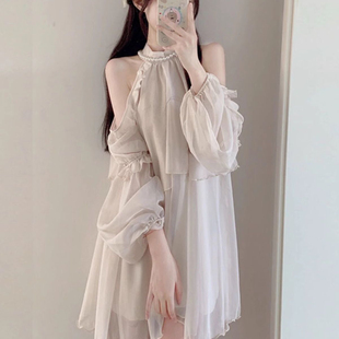 法式甜美初恋公主短裙女夏季时尚两件套装穿搭露肩雪纺上衣高级感