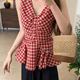 小众设计感洋气无袖 新款 上衣 复古红色格子吊带背心女夏季 扭结法式