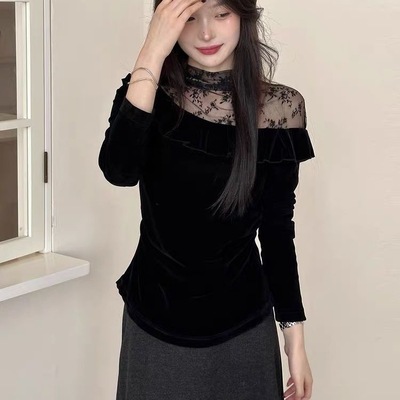 高级感黑色蕾丝拼接丝绒上衣女秋冬大码胖mm假两件洋气内搭打底衫