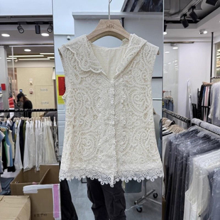 2025春新款 百搭洋气显瘦钩花腰果花蕾丝连帽背心上衣女 时尚