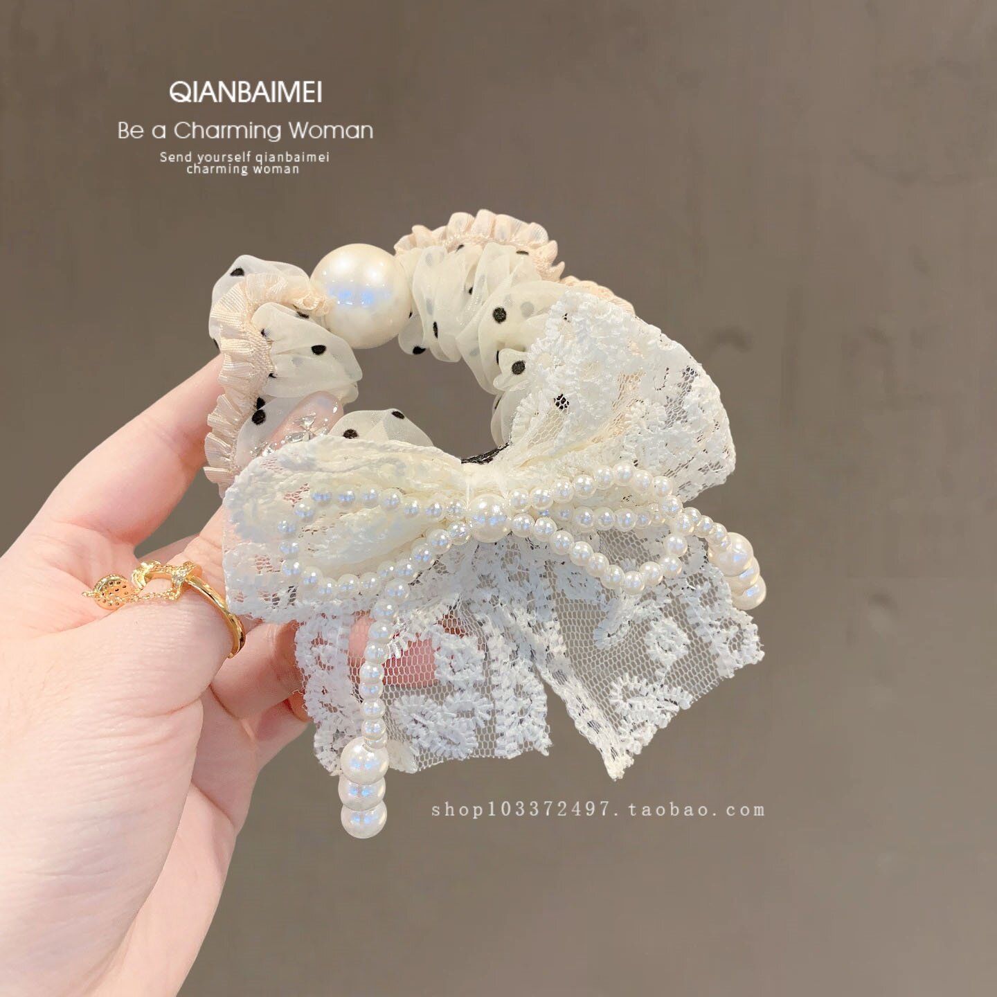 仙美珍珠蕾丝蝴蝶结发圈女丸子头扎发头绳中长发头绳耐用皮筋发绳