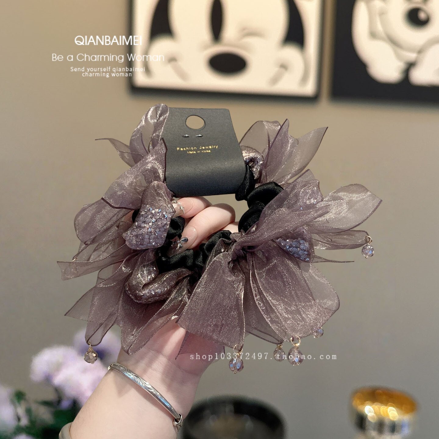 韩系超仙网纱蝴蝶结发绳扎马尾套圈加粗皮筋女设计感水晶发圈头饰