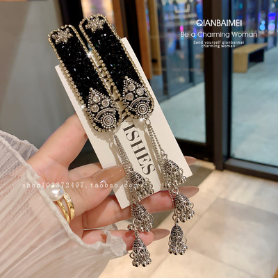 复古新中式闪钻铃铛流苏发夹女