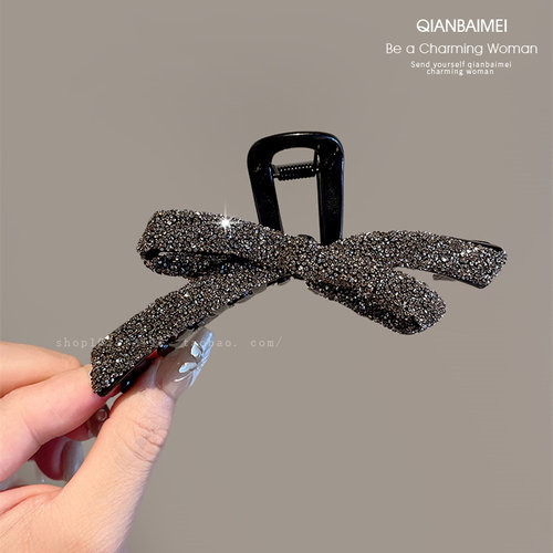 灰色碎钻高级感发夹蝴蝶结抓夹