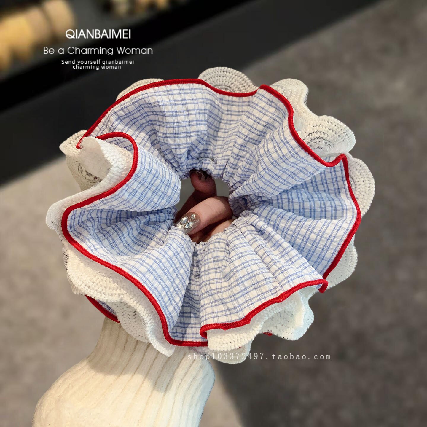 韩系少女格纹撞色蕾丝花边发圈女儿童甜美百搭头绳加粗皮筋大肠圈