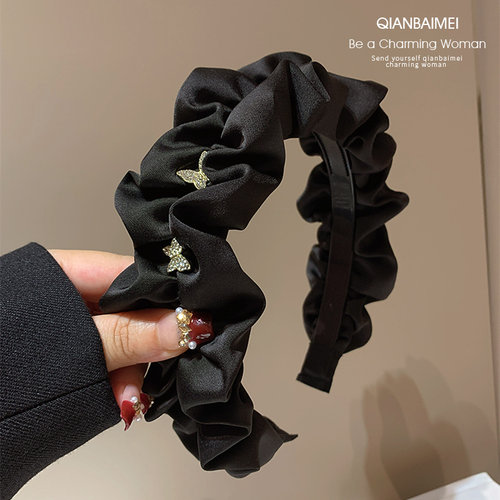 黑色褶皱高颅顶发卡缎面头箍百搭