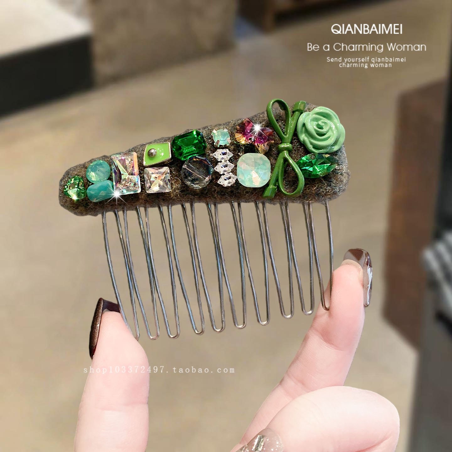 森系气质毛呢祖母绿水晶发梳甜美花朵蝴蝶结发卡倒插梳刘海发夹女,饰品/流行首饰/时尚饰品新,发饰,淘宝优惠券,粉丝福利购,淘宝优惠卷