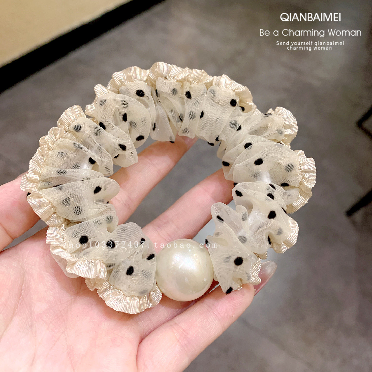 波点珍珠头圈绢纱花边甜美发饰2025新款丸子头发圈女扎发马尾发绳,饰品/流行首饰/时尚饰品新,发饰,淘宝优惠券,粉丝福利购,淘宝优惠卷