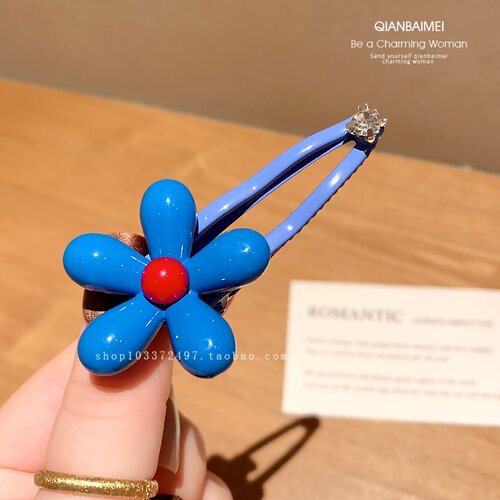韩版蓝色花朵发夹女高级感鸭嘴夹