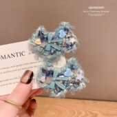 蓝色小狗边夹仙美轻奢水晶鸭嘴夹发夹女秋冬发饰毛线刘海侧边夹子