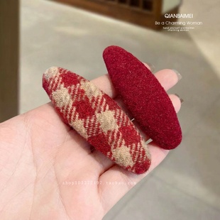 红色发夹女童甜美侧边夹新年发卡高级感毛线格纹刘海夹侧边夹发饰