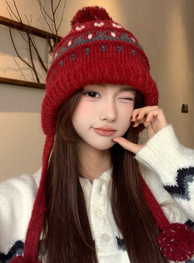 韩版秋冬费尔岛风针织帽民族风包头帽女出游护耳保暖系带雷锋帽子