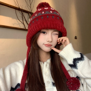 韩版 秋冬费尔岛风针织帽民族风包头帽女出游护耳保暖系带雷锋帽子