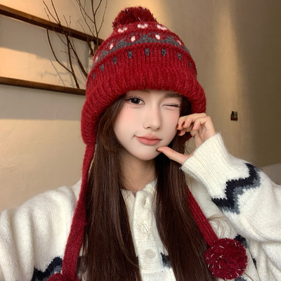 韩版秋冬费尔岛风针织帽民族风包头帽女出游护耳保暖系带雷锋帽子