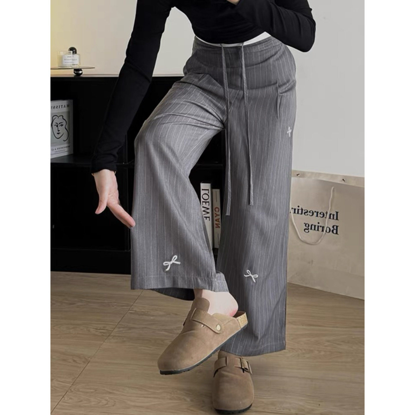 富尔大码定制女装微胖mm灰色西装条纹拼接秋高腰宽松显瘦休闲长裤,女装/女士精品,大码裤装,淘宝优惠券,粉丝福利购,淘宝优惠卷