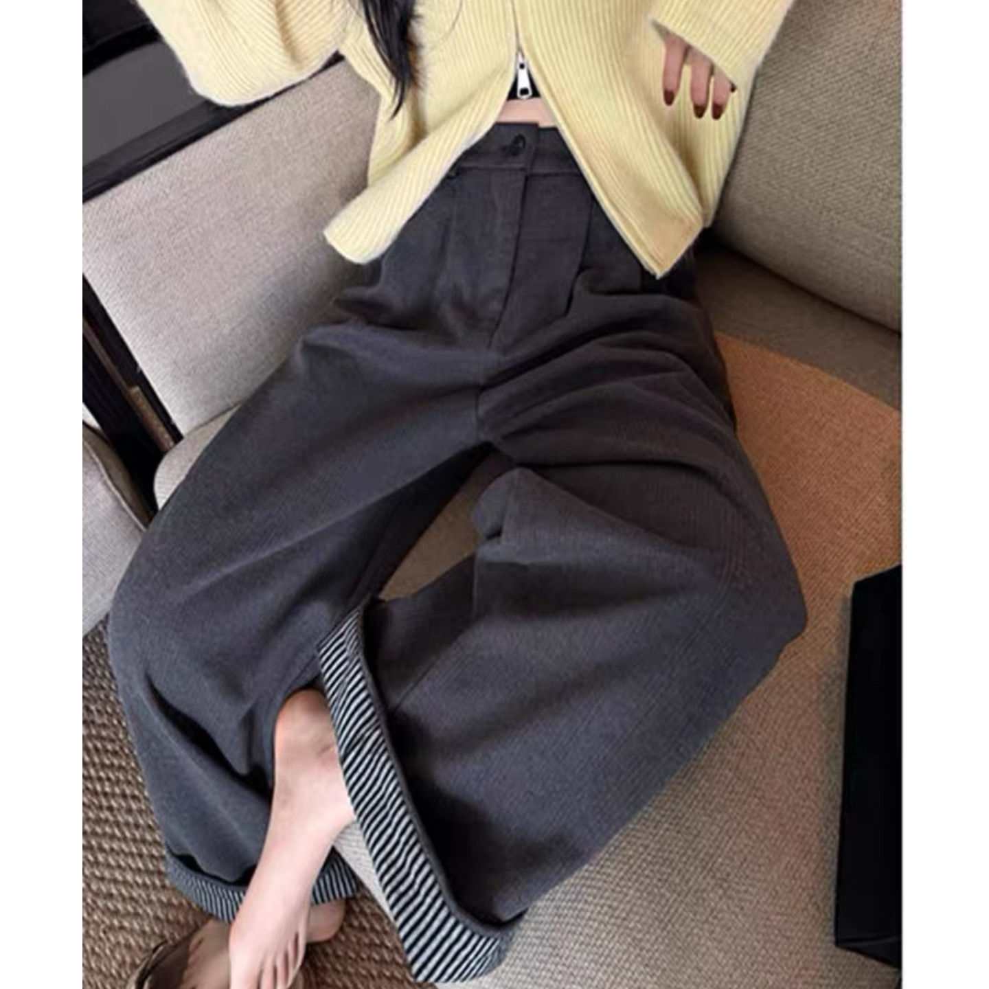 富尔大码定制女装肥妹妹人字纹加绒翻边阔腿秋冬高腰宽松显瘦长裤