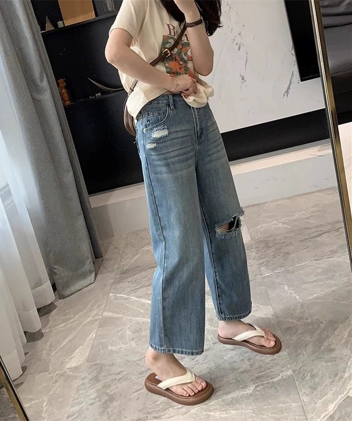 富尔大码定制女装肥妹妹mm破洞阔腿牛仔秋高腰宽松显瘦遮胯九分裤