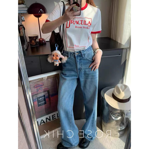 富尔大码定制女装肥妹妹mm复古水洗阔腿牛仔春夏高腰宽松显瘦长裤