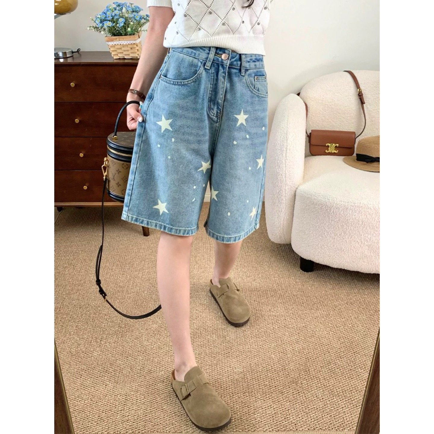 富尔大码定制女装肥妹妹mm复古星星印花牛仔短裤夏高腰显瘦五分裤,女装/女士精品,大码裤装,淘宝优惠券,粉丝福利购,淘宝优惠卷