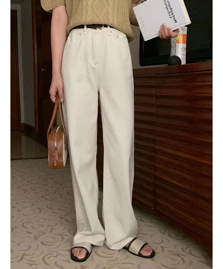 大码女装白色牛仔直筒显瘦休闲裤