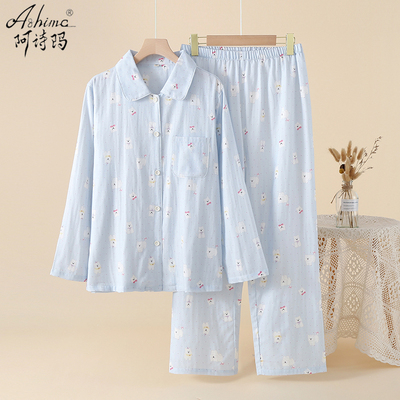 双层纯棉纱布睡衣女款2025新款夏季薄款全棉麻可爱长袖夏天家居服