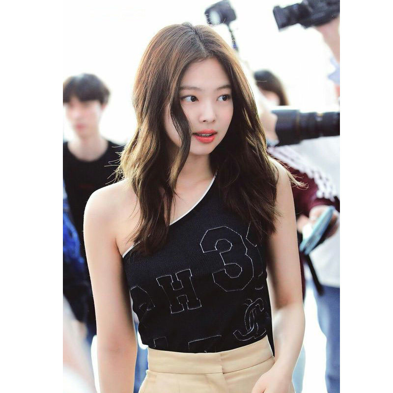 blackpink jennie同款黑色贴布绣单肩修身紧身休闲针织衫上衣女潮