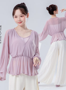 古典舞服女长袖v领网纱