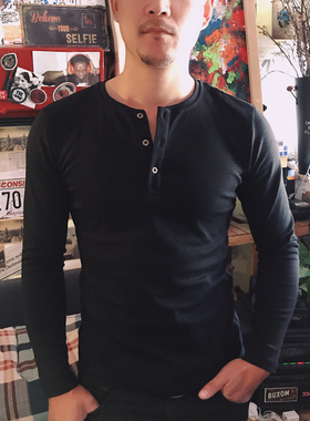 加厚款男士长袖重磅纯棉硬汉修身复古亨利领打底内搭衫t恤上衣服