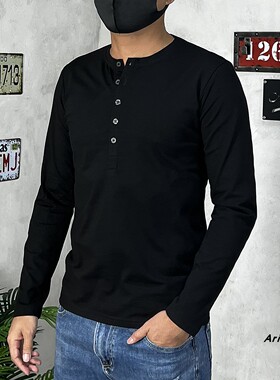 长直筒亨利领长袖秋冬硬汉开门襟纯棉休闲修身纯色打底衫t恤上衣