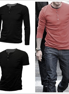 经典亨利领长袖优质纯棉修身白色简约美式硬汉打底衫衣服高端复古