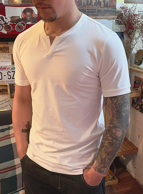 棉开V筒男士短袖亨利领美式复古硬汉纯色T恤修身上衣简约薄款高端