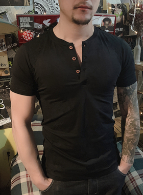 短袖/男亨利领门筒薄款硬汉白色纯棉黑色修身T恤上衣简约休闲美式