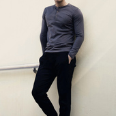 硬汉舒适纯棉修身 长袖 春夏男开襟门筒亨利领咔叽美式 打底t恤衣服