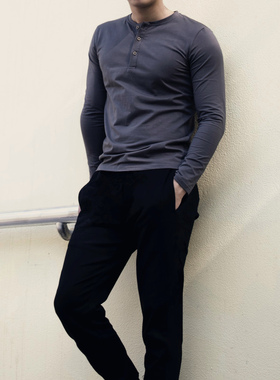 长袖/春夏男开襟门筒亨利领咔叽美式硬汉舒适纯棉修身打底t恤衣服