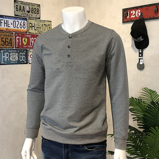 亨利领开门筒无帽套头简约舒适宽松纯色卫衣款 硬汉长袖 上衣 款 秋季