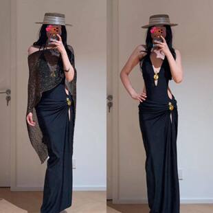 2026新款 带胸垫 欧美纯色连体泳衣女葫芦配饰两件套长裙性感泳装