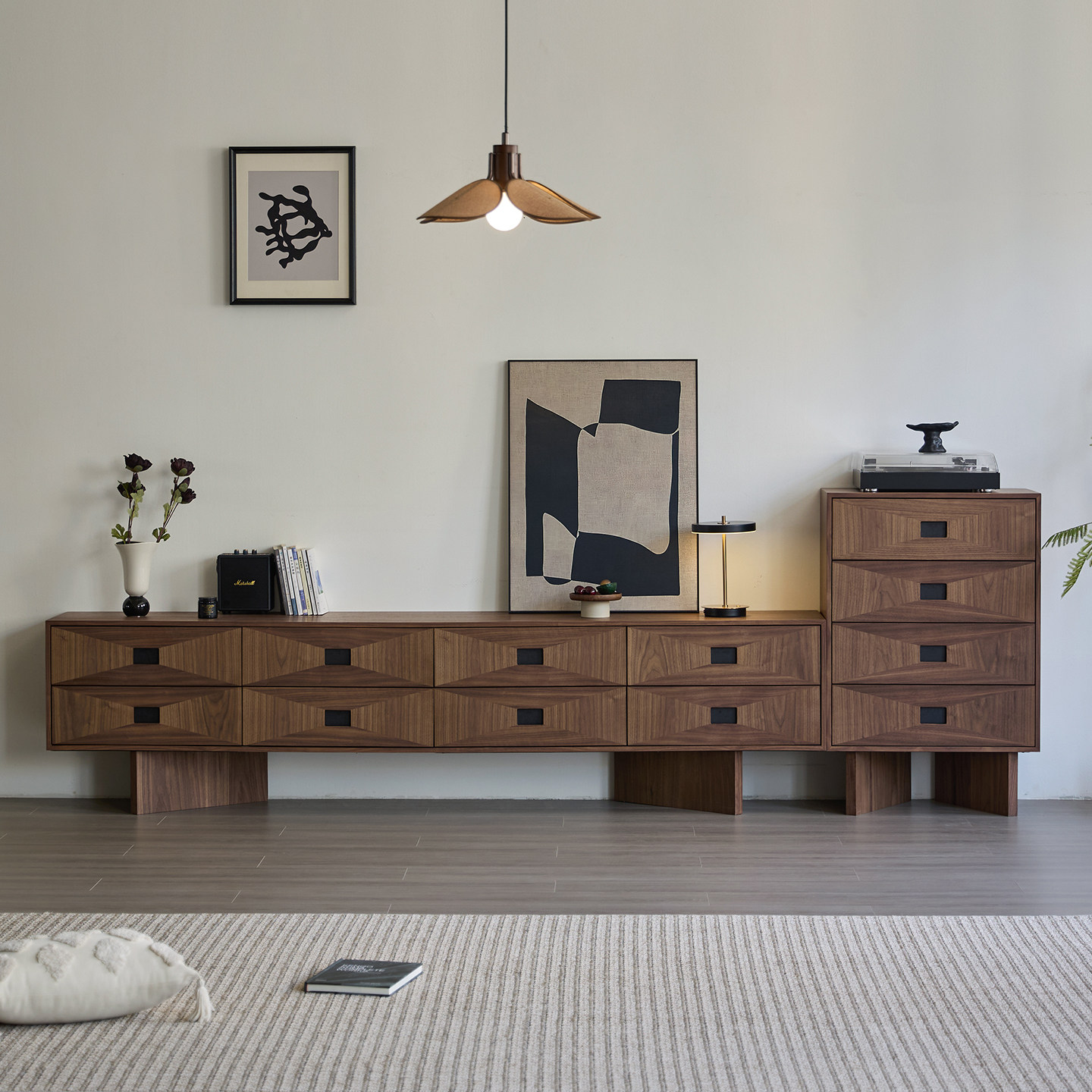 中古风电视柜 客厅复古侘寂风电视机柜 黑胡桃色实木多层家用地柜